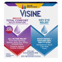 Front of Visine Red Eye Total Comfort Multi-Symptom and Dry Eye Relief Eye Drops packaging