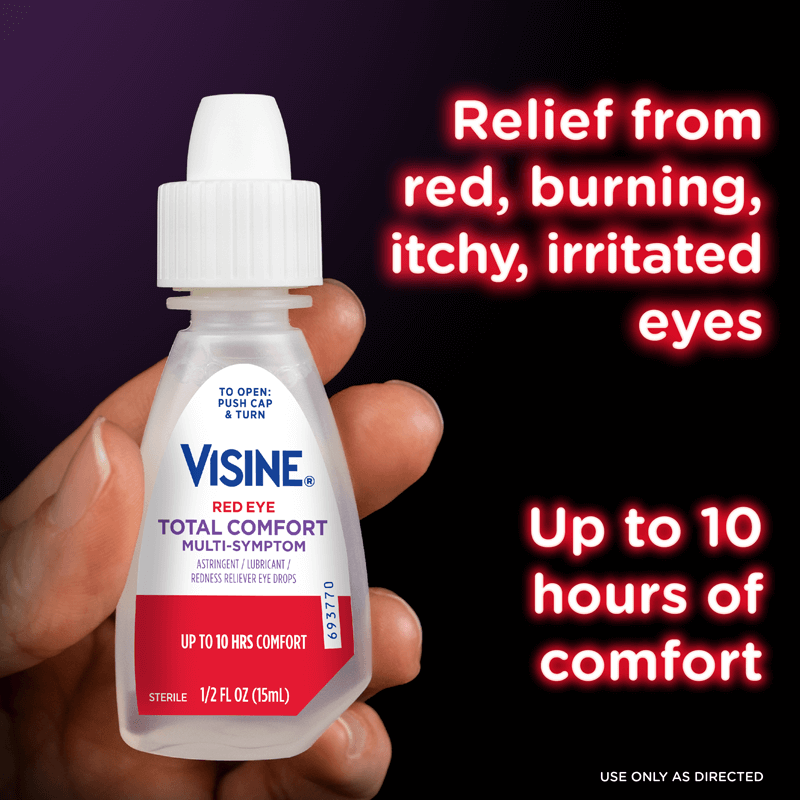 Visine Red Eye Total Comfort Multi-Symptom provides relief from red, burning, itchy, irritated eyes