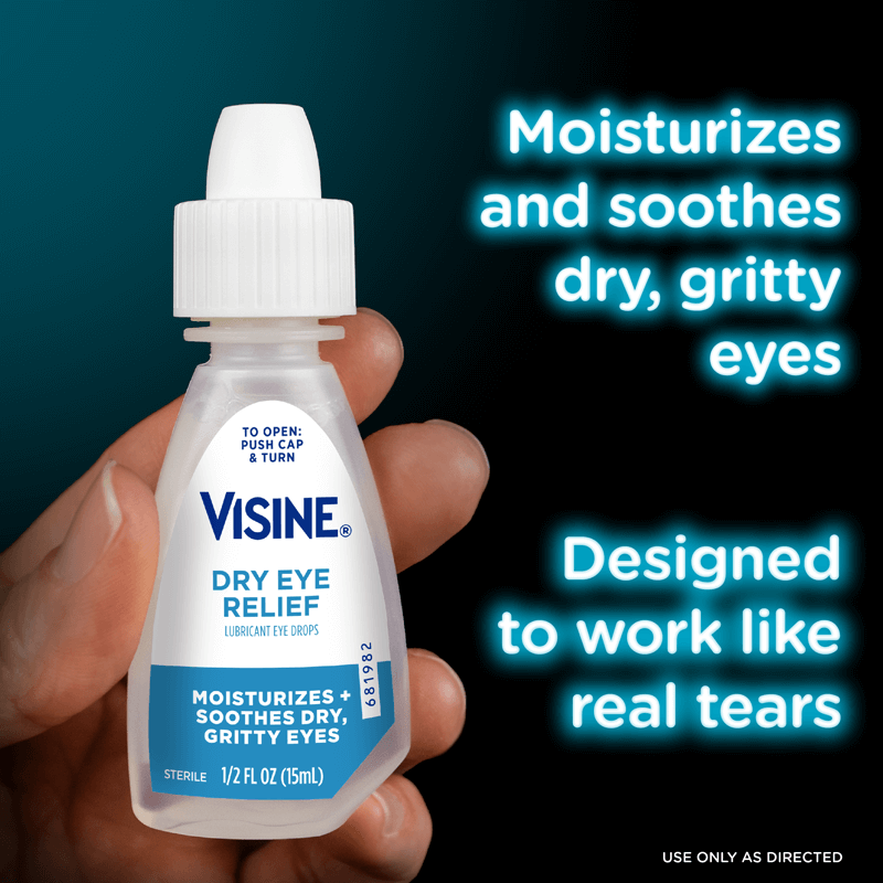 Visine Dry Eye Relief moisturizes and soothes dry, gritty eyes