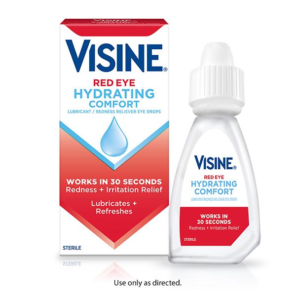 VISINE® Red Eye Hydrating Comfort Eye Drops package and bottle